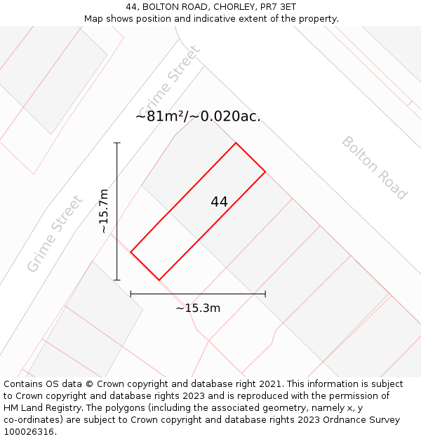 44, BOLTON ROAD, CHORLEY, PR7 3ET: Plot and title map