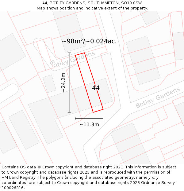 44, BOTLEY GARDENS, SOUTHAMPTON, SO19 0SW: Plot and title map