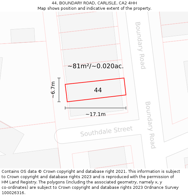 44, BOUNDARY ROAD, CARLISLE, CA2 4HH: Plot and title map