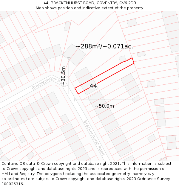 44, BRACKENHURST ROAD, COVENTRY, CV6 2DR: Plot and title map