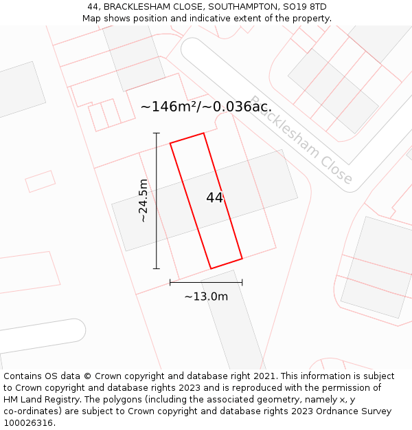 44, BRACKLESHAM CLOSE, SOUTHAMPTON, SO19 8TD: Plot and title map