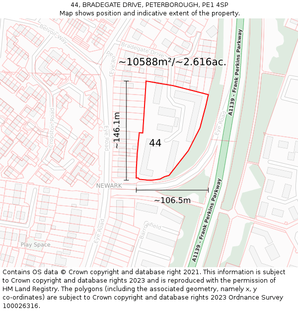 44, BRADEGATE DRIVE, PETERBOROUGH, PE1 4SP: Plot and title map
