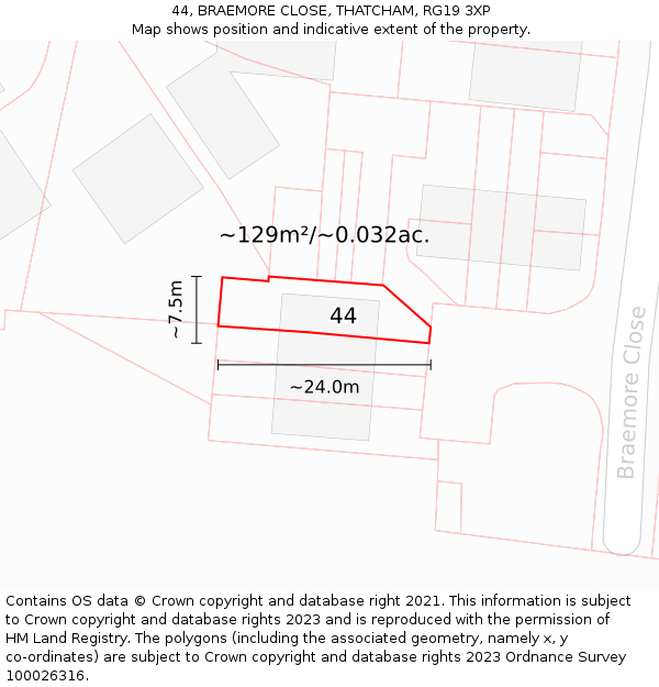 44, BRAEMORE CLOSE, THATCHAM, RG19 3XP: Plot and title map
