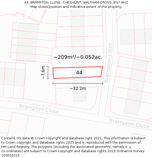 44, BRAMPTON CLOSE, CHESHUNT, WALTHAM CROSS, EN7 6HZ: Plot and title map