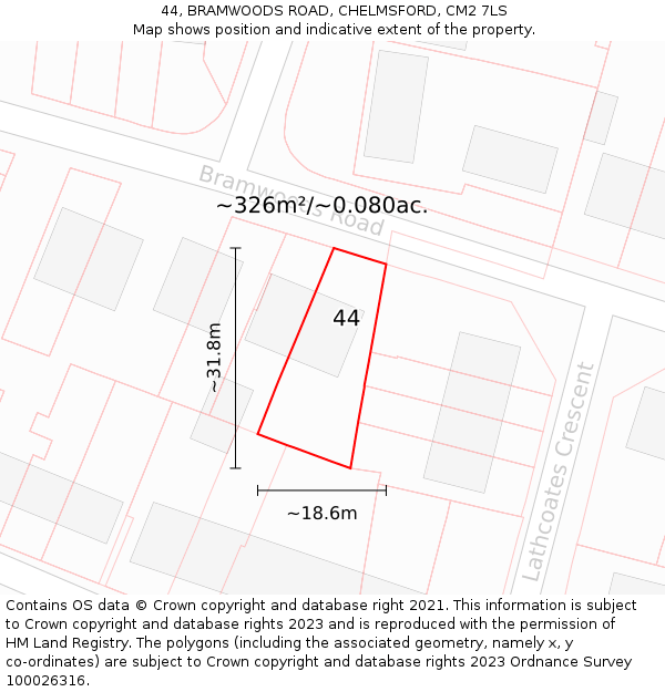 44, BRAMWOODS ROAD, CHELMSFORD, CM2 7LS: Plot and title map