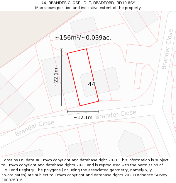 44, BRANDER CLOSE, IDLE, BRADFORD, BD10 8SY: Plot and title map