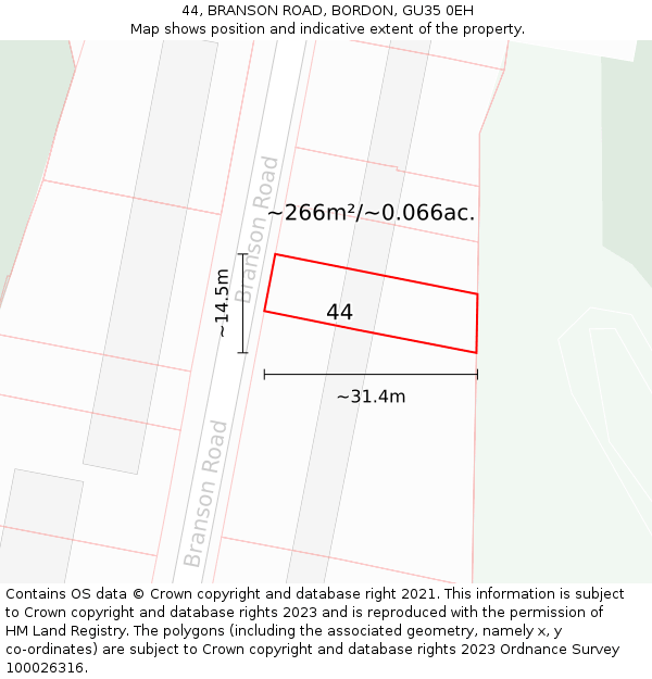 44, BRANSON ROAD, BORDON, GU35 0EH: Plot and title map