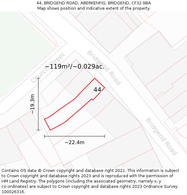 44, BRIDGEND ROAD, ABERKENFIG, BRIDGEND, CF32 9BA: Plot and title map