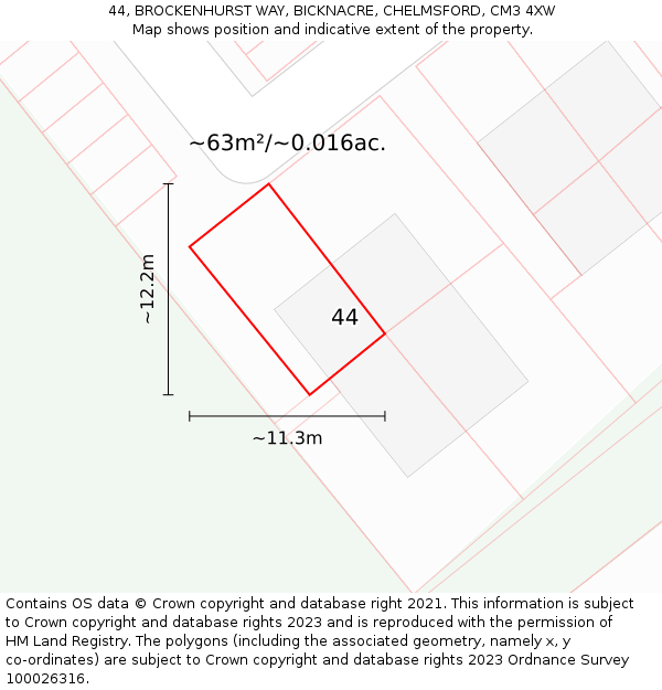 44, BROCKENHURST WAY, BICKNACRE, CHELMSFORD, CM3 4XW: Plot and title map