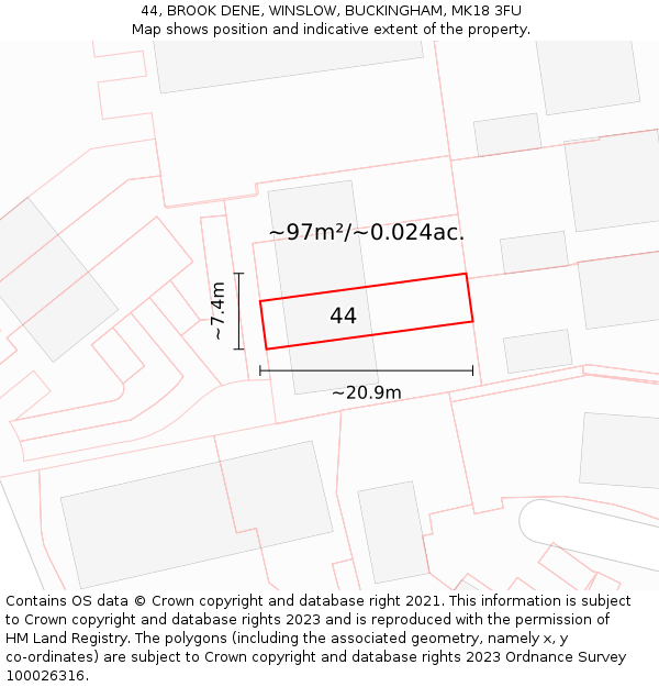 44, BROOK DENE, WINSLOW, BUCKINGHAM, MK18 3FU: Plot and title map