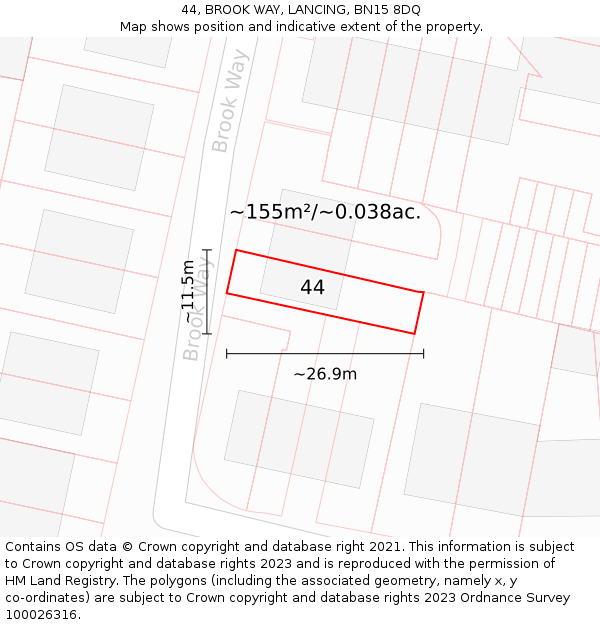 44, BROOK WAY, LANCING, BN15 8DQ: Plot and title map