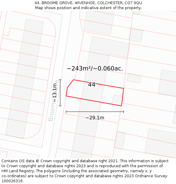 44, BROOME GROVE, WIVENHOE, COLCHESTER, CO7 9QU: Plot and title map