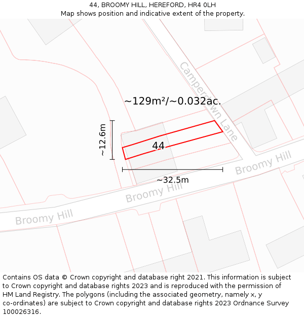 44, BROOMY HILL, HEREFORD, HR4 0LH: Plot and title map