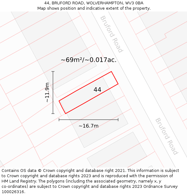 44, BRUFORD ROAD, WOLVERHAMPTON, WV3 0BA: Plot and title map