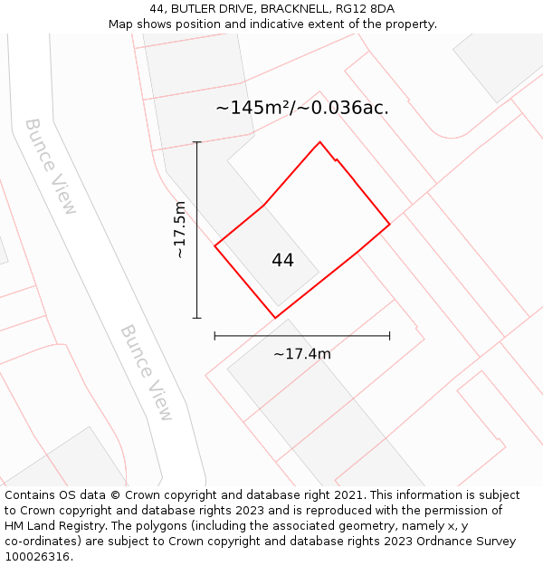 44, BUTLER DRIVE, BRACKNELL, RG12 8DA: Plot and title map