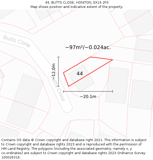 44, BUTTS CLOSE, HONITON, EX14 2FS: Plot and title map