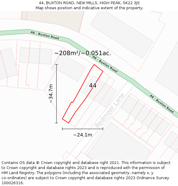 44, BUXTON ROAD, NEW MILLS, HIGH PEAK, SK22 3JS: Plot and title map