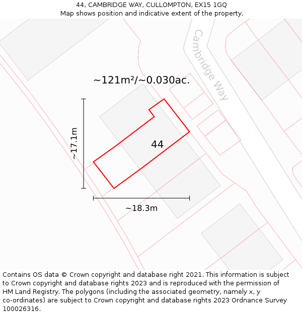 44, CAMBRIDGE WAY, CULLOMPTON, EX15 1GQ: Plot and title map