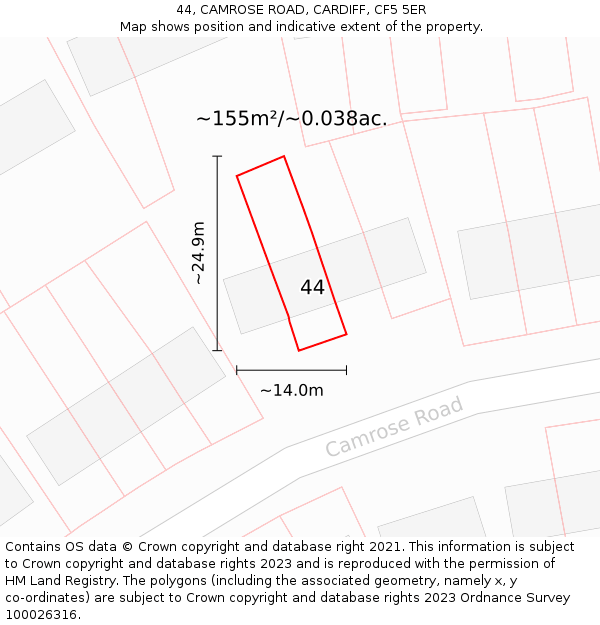 44, CAMROSE ROAD, CARDIFF, CF5 5ER: Plot and title map
