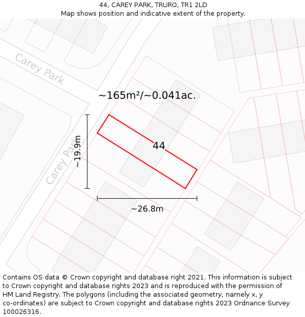 44, CAREY PARK, TRURO, TR1 2LD: Plot and title map