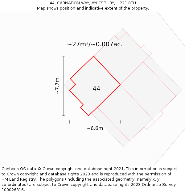 44, CARNATION WAY, AYLESBURY, HP21 8TU: Plot and title map