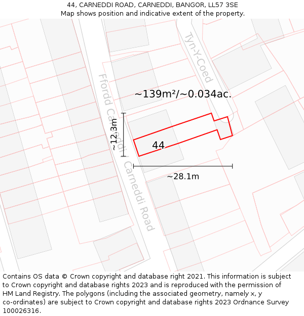 44, CARNEDDI ROAD, CARNEDDI, BANGOR, LL57 3SE: Plot and title map