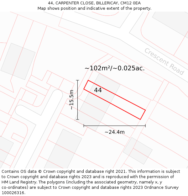 44, CARPENTER CLOSE, BILLERICAY, CM12 0EA: Plot and title map