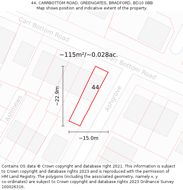 44, CARRBOTTOM ROAD, GREENGATES, BRADFORD, BD10 0BB: Plot and title map