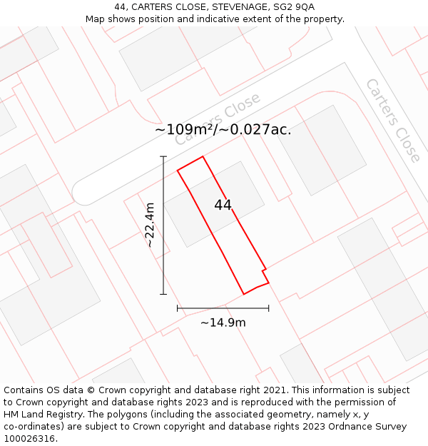 44, CARTERS CLOSE, STEVENAGE, SG2 9QA: Plot and title map