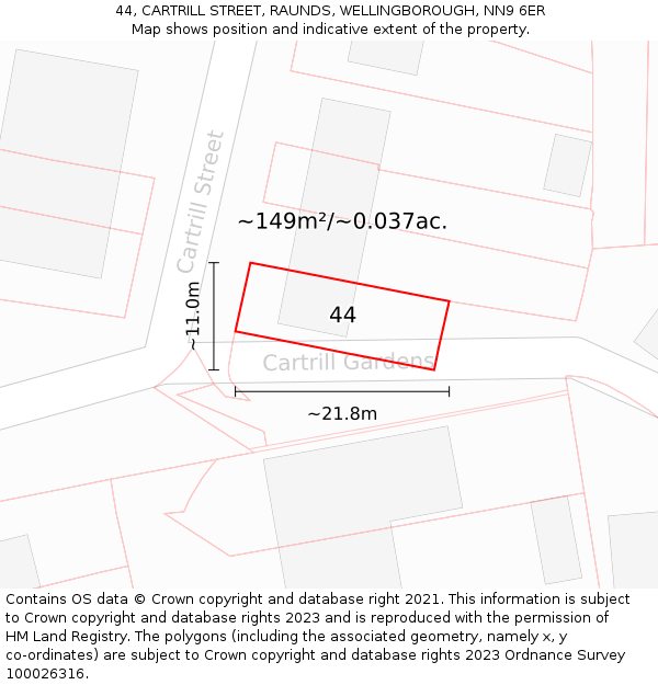 44, CARTRILL STREET, RAUNDS, WELLINGBOROUGH, NN9 6ER: Plot and title map