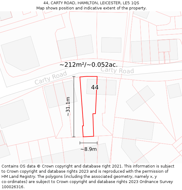 44, CARTY ROAD, HAMILTON, LEICESTER, LE5 1QS: Plot and title map