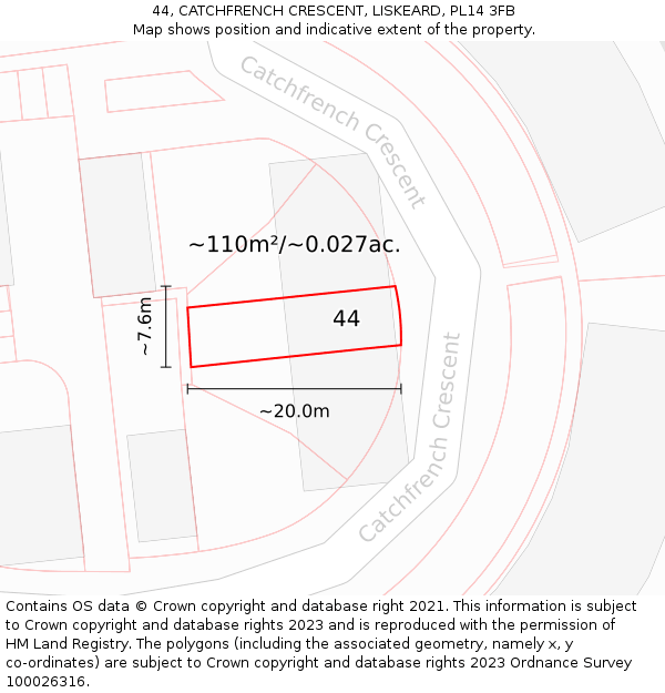 44, CATCHFRENCH CRESCENT, LISKEARD, PL14 3FB: Plot and title map