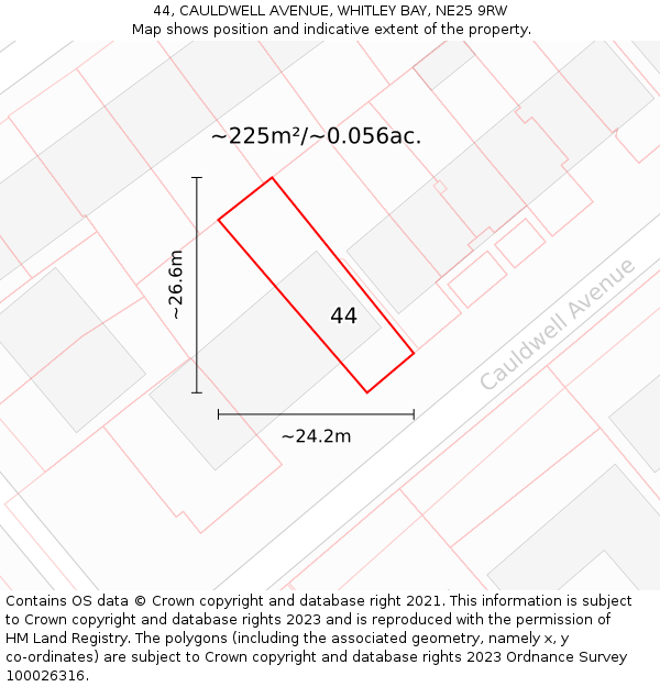 44, CAULDWELL AVENUE, WHITLEY BAY, NE25 9RW: Plot and title map