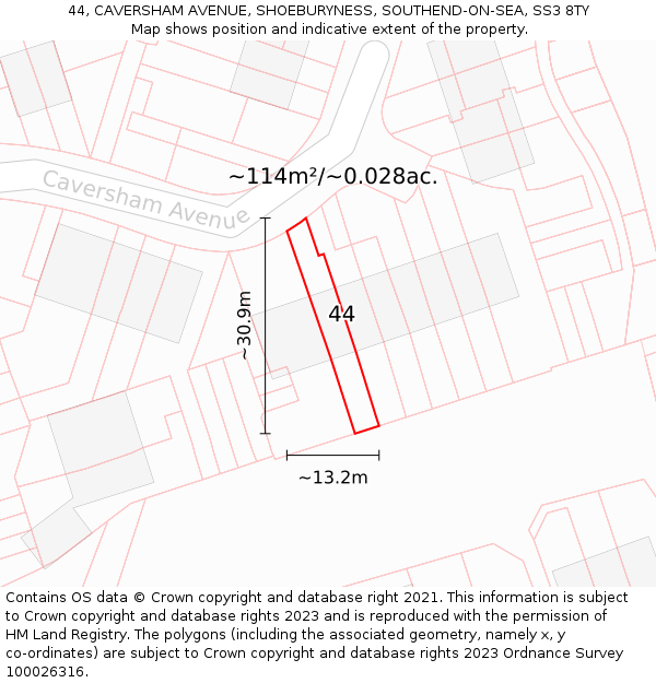 44, CAVERSHAM AVENUE, SHOEBURYNESS, SOUTHEND-ON-SEA, SS3 8TY: Plot and title map