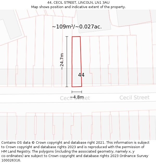 44, CECIL STREET, LINCOLN, LN1 3AU: Plot and title map
