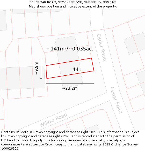 44, CEDAR ROAD, STOCKSBRIDGE, SHEFFIELD, S36 1AR: Plot and title map