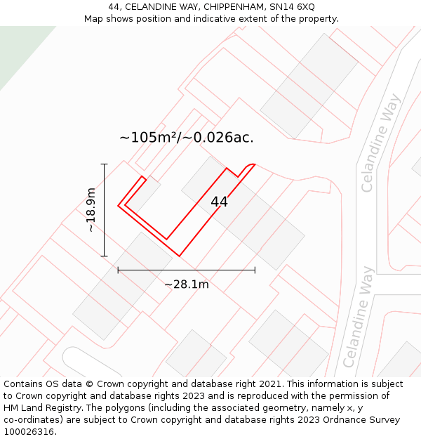 44, CELANDINE WAY, CHIPPENHAM, SN14 6XQ: Plot and title map