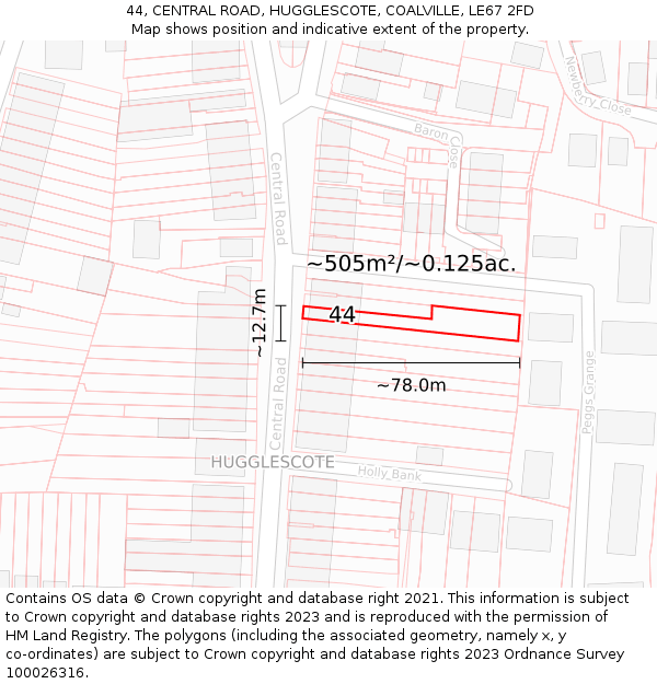 44, CENTRAL ROAD, HUGGLESCOTE, COALVILLE, LE67 2FD: Plot and title map