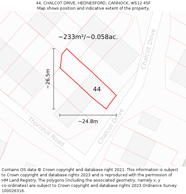 44, CHALCOT DRIVE, HEDNESFORD, CANNOCK, WS12 4SF: Plot and title map