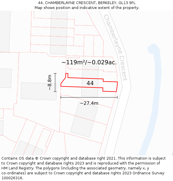 44, CHAMBERLAYNE CRESCENT, BERKELEY, GL13 9FL: Plot and title map