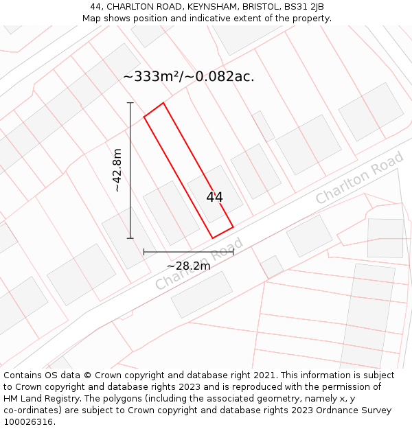 44, CHARLTON ROAD, KEYNSHAM, BRISTOL, BS31 2JB: Plot and title map
