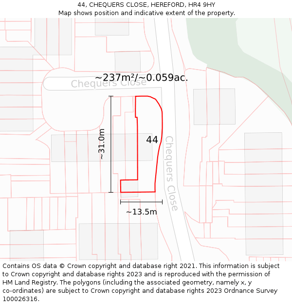 44, CHEQUERS CLOSE, HEREFORD, HR4 9HY: Plot and title map