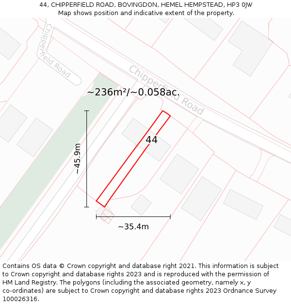 44, CHIPPERFIELD ROAD, BOVINGDON, HEMEL HEMPSTEAD, HP3 0JW: Plot and title map