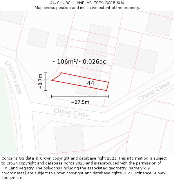 44, CHURCH LANE, ARLESEY, SG15 6UX: Plot and title map