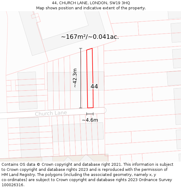 44, CHURCH LANE, LONDON, SW19 3HQ: Plot and title map