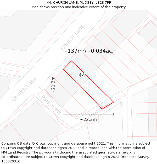 44, CHURCH LANE, PUDSEY, LS28 7RF: Plot and title map