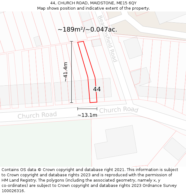 44, CHURCH ROAD, MAIDSTONE, ME15 6QY: Plot and title map