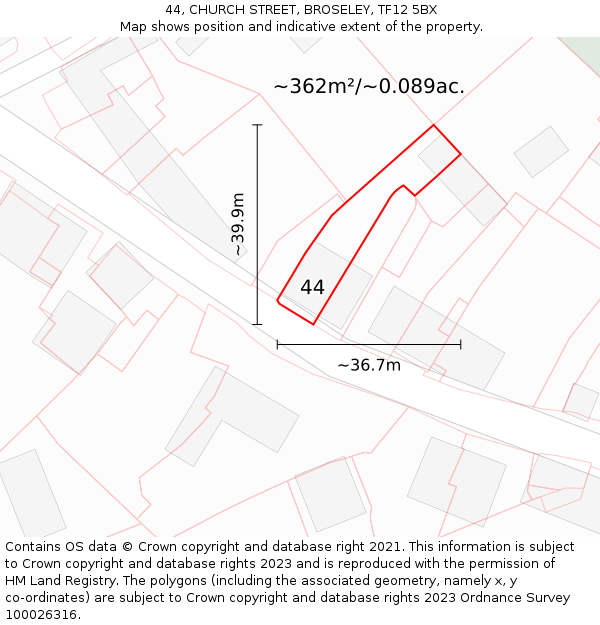 44, CHURCH STREET, BROSELEY, TF12 5BX: Plot and title map