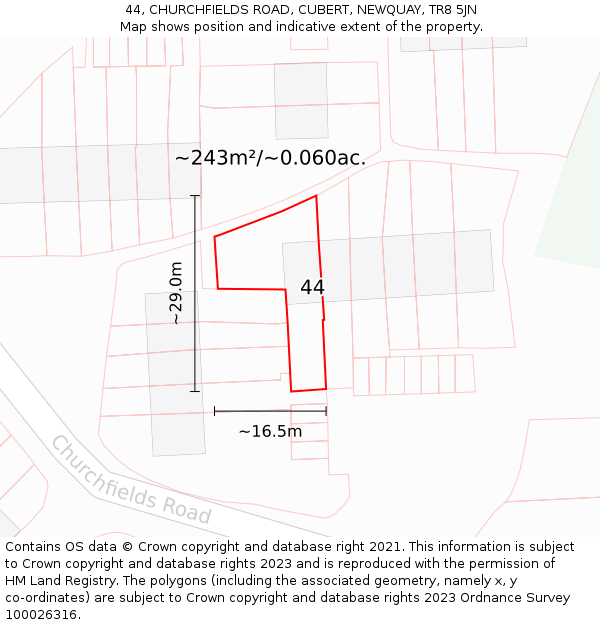 44, CHURCHFIELDS ROAD, CUBERT, NEWQUAY, TR8 5JN: Plot and title map
