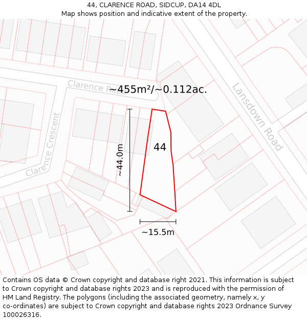 44, CLARENCE ROAD, SIDCUP, DA14 4DL: Plot and title map
